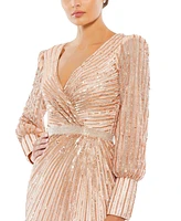 Women's Sequined Wrap Over Bishop Sleeve Gown