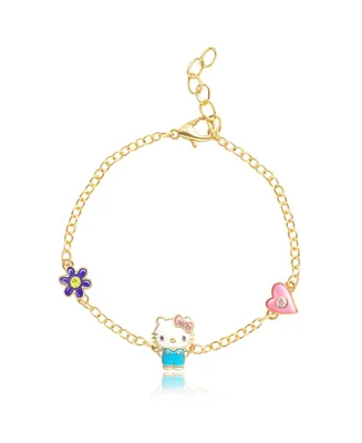 Sanrio Hello Kitty and Friends Womens 18kt Gold Plated Bracelet with Flower and Heart Charm Pendants, 6.5 + 1", Officially Licensed