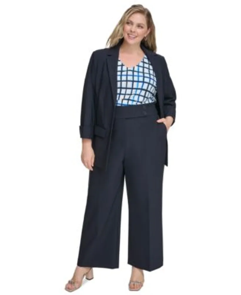 Calvin Klein Plus Size Infinite Stretch Open Front Jacket Check Flutter Sleeve Blouse Scuba Crepe Wide Leg Pants