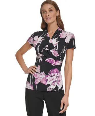 Dkny Petite Floral Side-Ruched Faux-Wrap Top