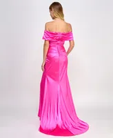 B Darlin Juniors' Satin Ruched Off-The-Shoulder Gown