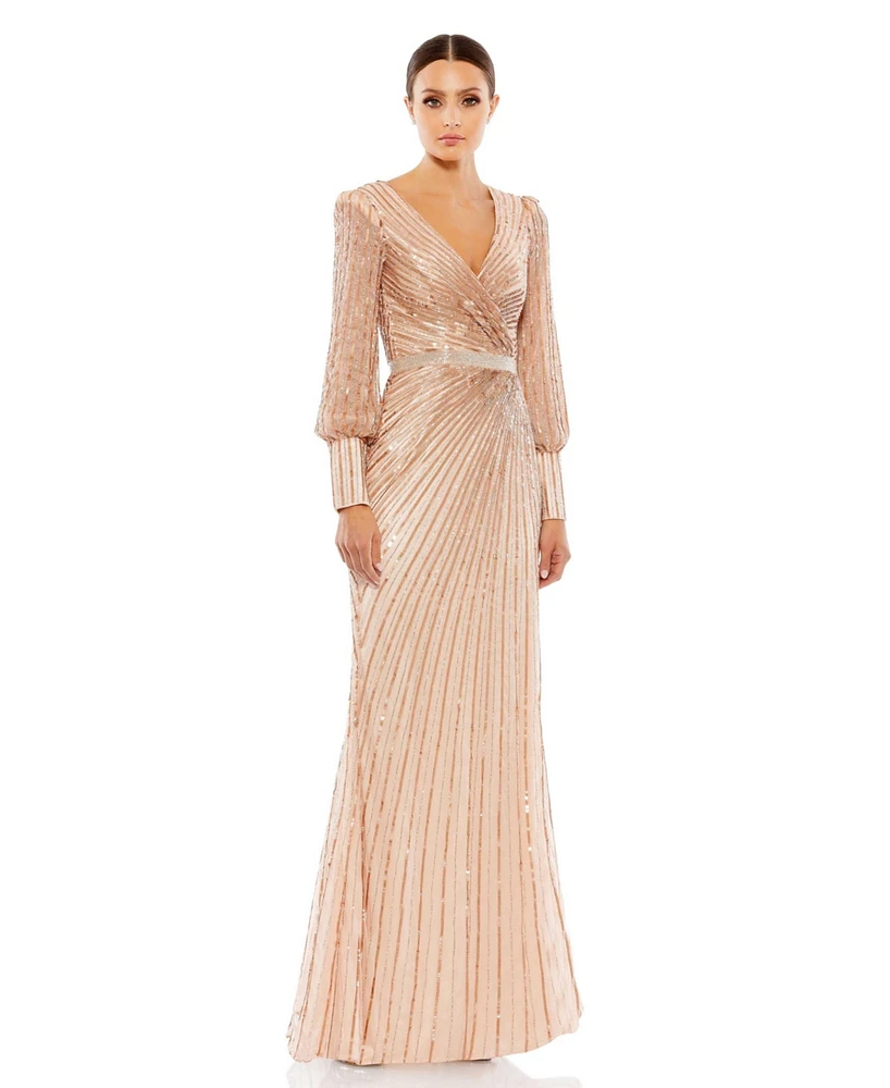 Women's Sequined Wrap Over Bishop Sleeve Gown