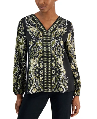 Jm Collection Petite Blooming Runner Placket Satin Top, Created for Macy's