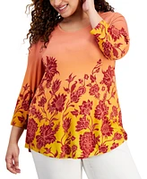 Jm Collection Plus Printed 3/4-Sleeve Top, Created for Macy's