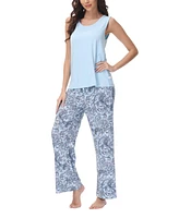 Echo Women's Solid 2 Piece Tank Top with Printed Wide Pants Pajamas Set