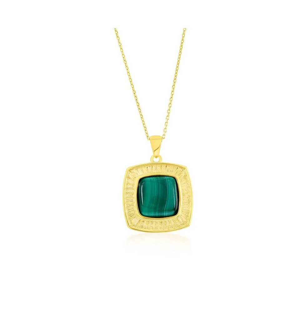 Sterling Silver Square Malachite Designed Pendant Necklace - Gold Plated