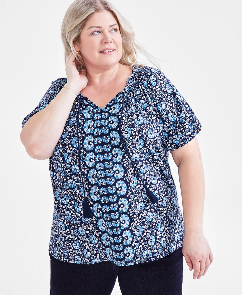 Style & Co Plus Size Printed Peasant Top, Created for Macy's