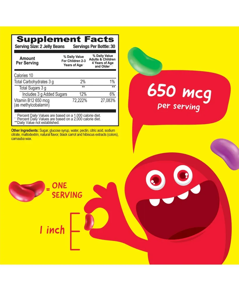 VitaWorks Vitamin B12 650 mcg for Kids Jelly Beans - Energy, Mood, And Metabolism - Tasty Natural Berry Blast Flavor - 60 Jellies