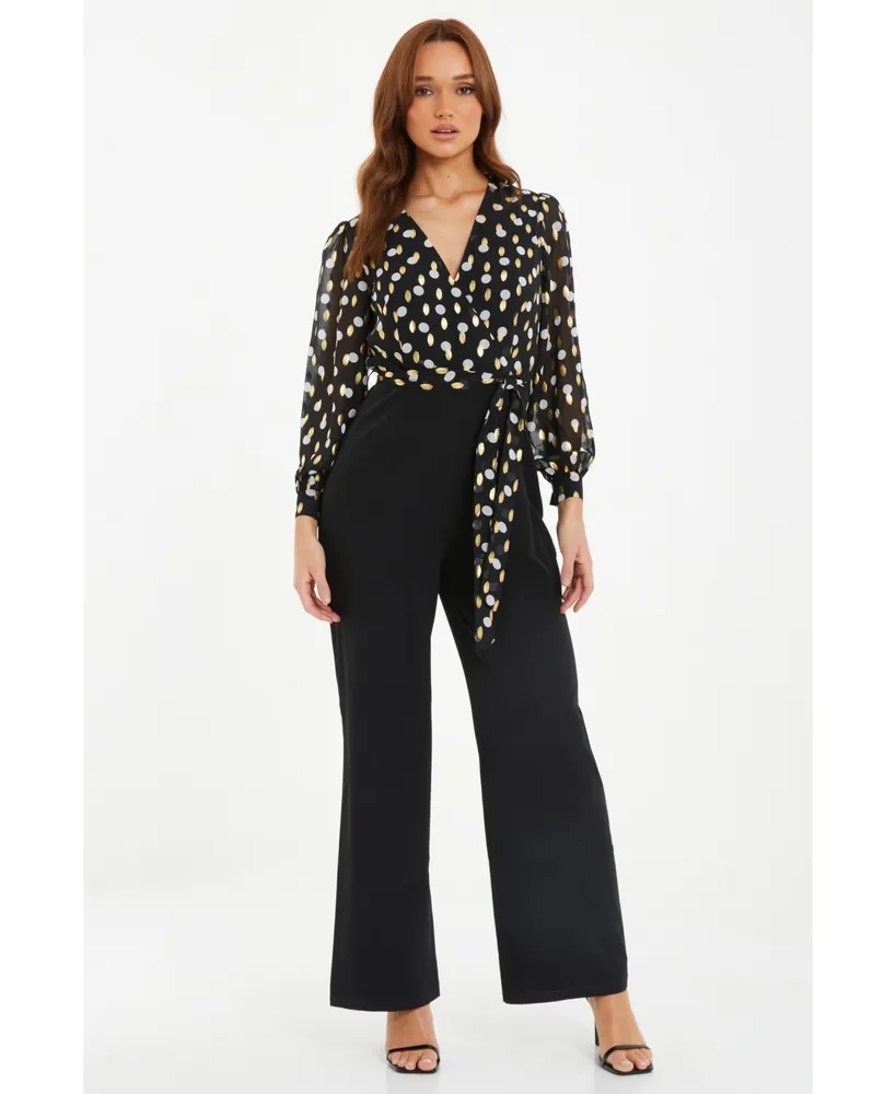 Quiz Women's Chiffon Gold & White Polka Dot Jumpsuit