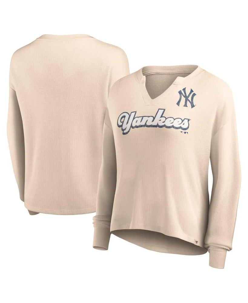 Women's Fanatics Cream Distressed New York Yankees Go For It Waffle Knit Long Sleeve Notch Neck T-shirt