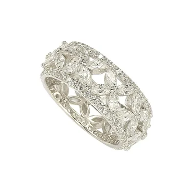 Suzy Levian Sterling Silver Cubic Zirconia Floral Eternity Band Ring