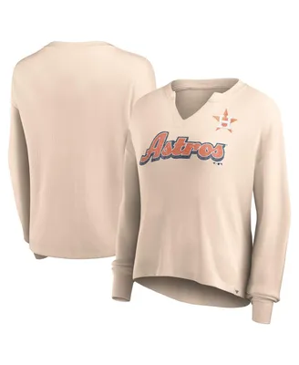Women's Fanatics Cream Distressed Houston Astros Go For It Waffle Knit Long Sleeve Notch Neck T-shirt