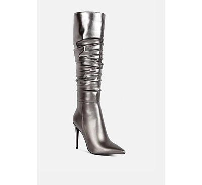 New-expression Pink Metallic Ruched Stiletto Knee Boots