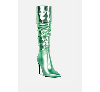 New-expression Pink Metallic Ruched Stiletto Knee Boots