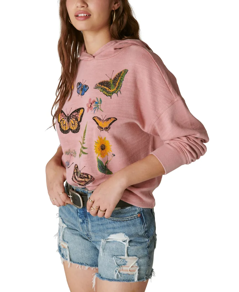 Lucky Brand Women's Butterfly Floral Motif Hooded Sweatshirt