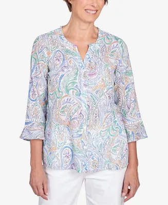Alfred Dunner Petite Classic Pastels Paisley Flutter Sleeve Button Front Top