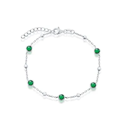 Sterling Silver Bezel-Set and Cz Bead Bracelet (White, Green, Blue Or Red)