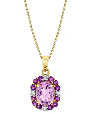 Pink Amethyst & Amethyst (2-1/8 ct. t.w.) & Diamond (1/8 ct. t.w.) Oval Halo 18" Pendant Necklace in 10k Gold
