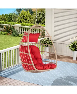 Simplie Fun Outdoor Garden Rattan Egg Swing Chair Hanging Chair Wood &Khaki