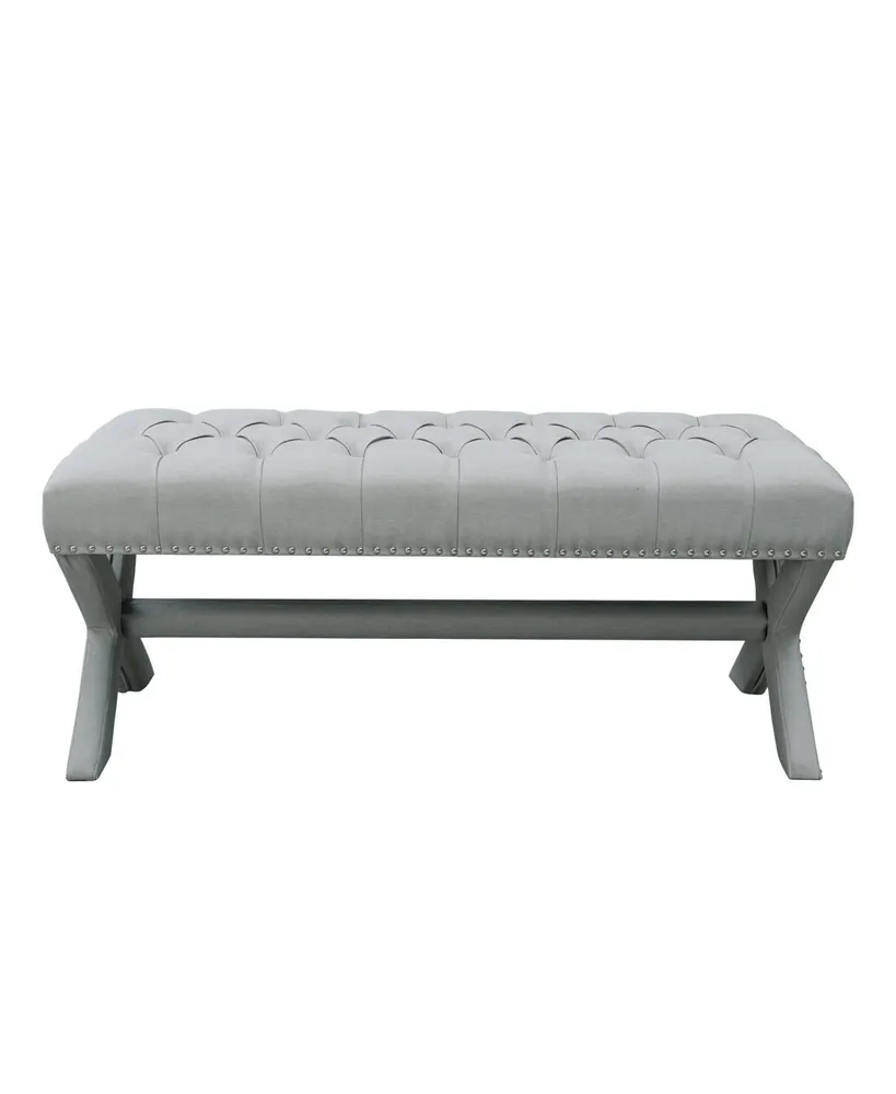 Inspired Home Bryoni Linen Button Tufted Silver Nailhead Trim X-Leg Bench