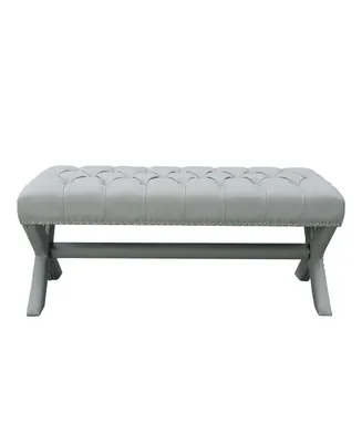 Inspired Home Bryoni Linen Button Tufted Silver Nailhead Trim X-Leg Bench