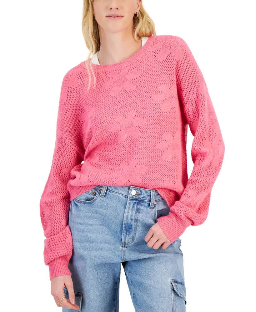 Hooked Up by Iot Juniors' Floral Mesh Crewneck Sweater