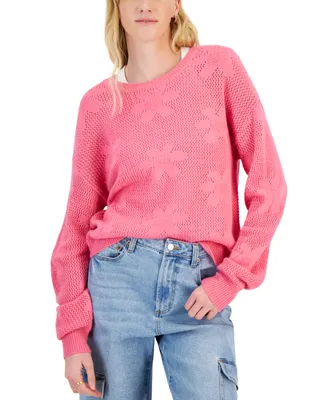 Hooked Up by Iot Juniors' Floral Mesh Crewneck Sweater