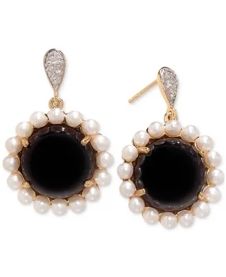 Onyx, Freshwater Pearl (3mm) & White Topaz (1/20 ct. t.w.) Drop Earrings in 14k Gold-Plated Sterling Silver