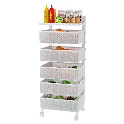 Mega Casa 5 Tier Metal Utility Cart with Lockable Wheels, Rotating Shelf Household Organization Rack Corner