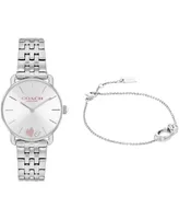 Coach Women's Elliot Silver-Tone Stainless Steel Bracelet Watch 28mm Gift Set