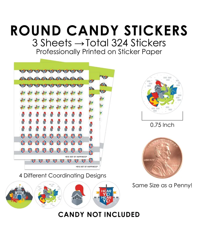 Calling All Knights and Dragons Small Round Candy Stickers Party Labels - 324 Ct - Assorted Pre