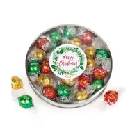 Christmas Candy Gift Tin with Chocolate Lindor Truffles by Lindt Large Plastic Tin with Sticker By Just Candy - Merry Christmas - Assorted pre