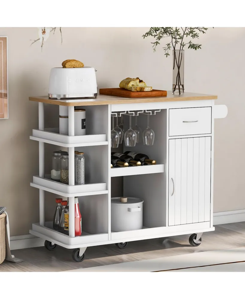 Simplie Fun White Kitchen Cart Cabinet with Wine Rack