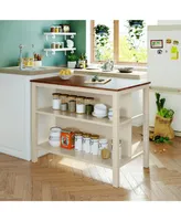 Solid Wood Rustic 45 Stationary Kitchen Island, Rubberwood Butcher Block Dining Table Prep
