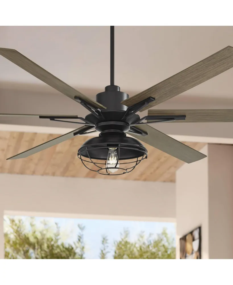 72" Expedition Modern Industrial Rustic Outdoor Ceiling Fan with Led Light Remote Control Matte Black Oak Wood Cage Damp Rated for Patio Exterior Hous