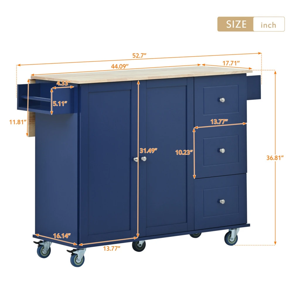 Simplie Fun Rolling Mobile Kitchen Island with Solid Wood Top & Locking Wheels, 52.7" Width, Storage, Drop Leaf & More
