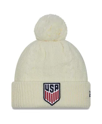 Women's New Era White Usmnt Cabled Cuffed Knit Hat with Pom