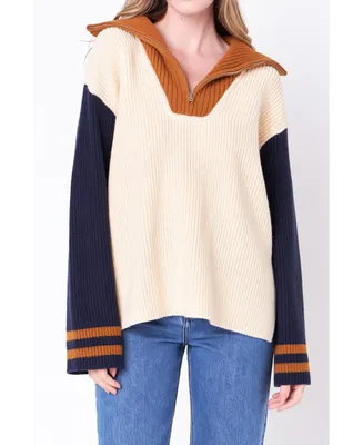 English Factory Women's Stripe Knitted Half Zip up Sweater