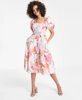 Vince Camuto Petite Floral-Print Puff-Sleeve Midi Dress