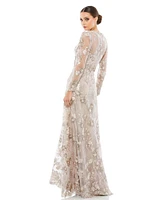 Women's Floral Embroidered Illusion Long Sleeve Evening Gown