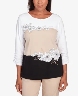 Alfred Dunner Petite Neutral Territory Blocked Floral Embroidery Top