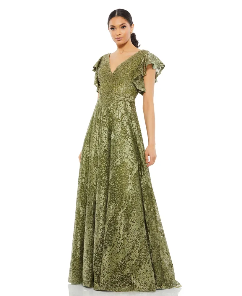 Women's Embroidered Flutter Sleeve V-Neck Gown