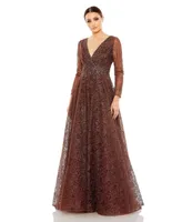 Women's Embellished Illusion Long Sleeve V Neck Gown