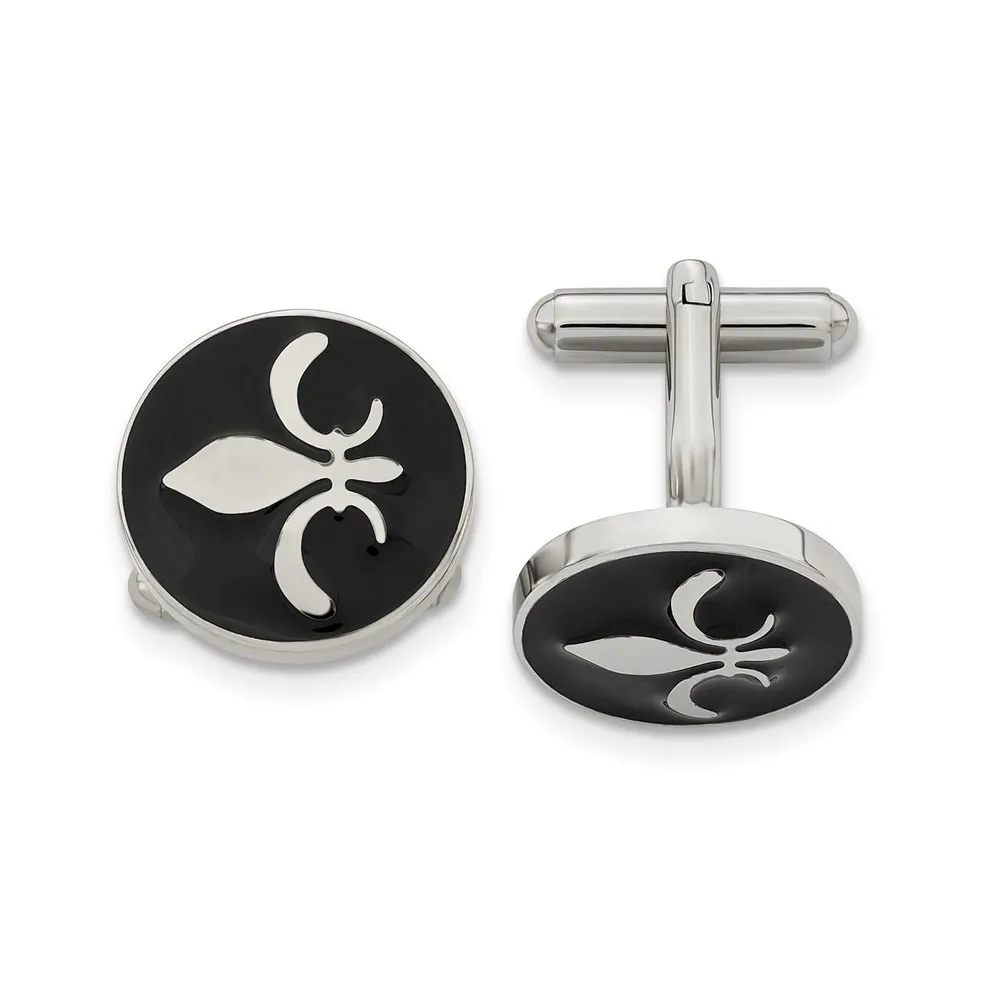 Chisel Stainless Steel Polished Enameled Fleur de lis Circle Cufflinks