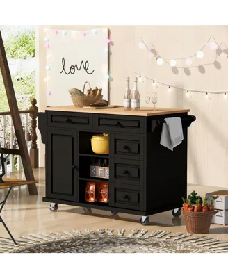 Simplie Fun Kitchen Cart With Rubber Wood Desktop Rolling Mobile Kitchen Island With Storage And 5 Draws 53 Inch Length