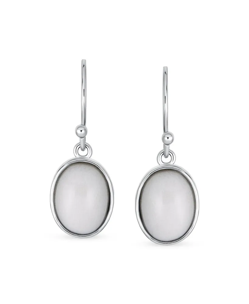 Classic Elegant White Agate Bezel Set Oval Cabochon Gemstone Drop Earrings For Women .925 Sterling Silver Wire Fish Hook