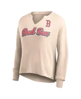Women's Fanatics Cream Distressed Boston Red Sox Go For It Waffle Knit Long Sleeve Notch Neck T-shirt