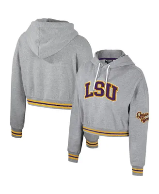 Women's The Wild Collective Heather Gray Distressed Lsu Tigers Cropped Shimmer Pullover Hoodie