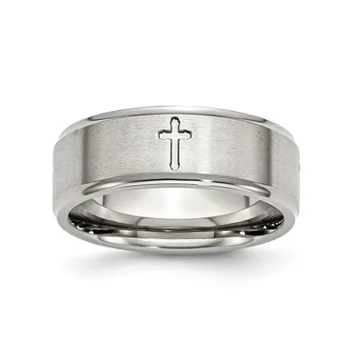 Chisel Stainless Steel Brushed Polished Cross 8mm Edge Band Ring