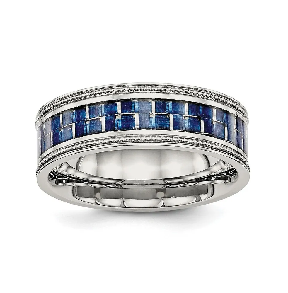 Chisel Stainless Steel Blue Fiber Inlay Textured Edge 8mm Band Ring